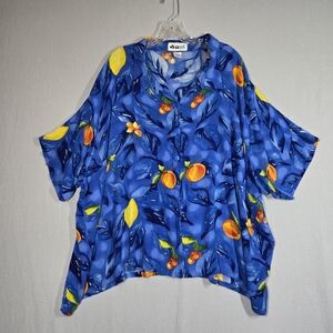 Vintage Gauze Short Sleeve Top 5X Button Up Fruit Print with Peaches, Lemons